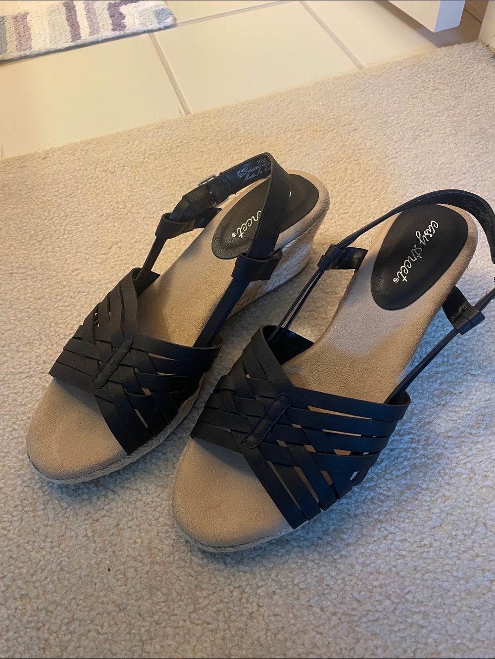 easy street Black Woven Slingback Espadrille Wedges with Tan Footbed
